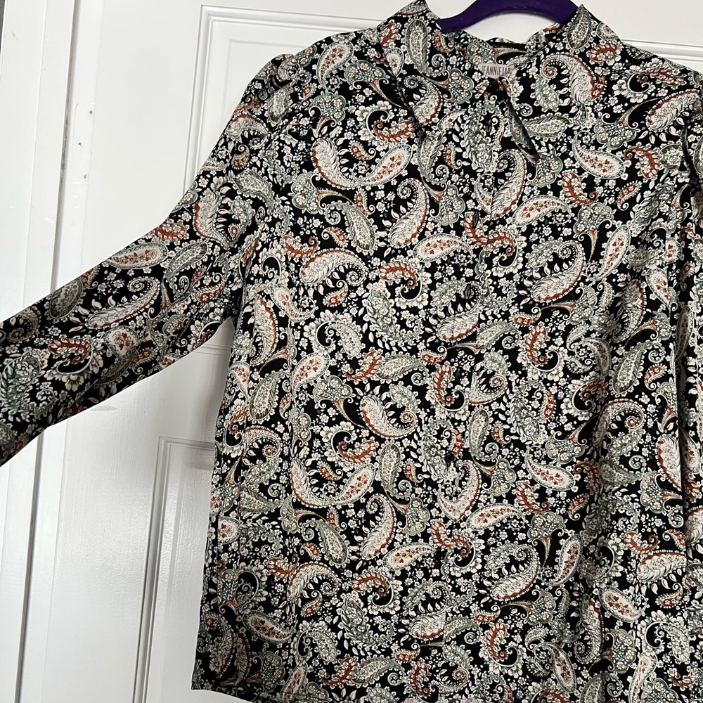 INC Paisley mint, black, and brown button up shirt with black buttons